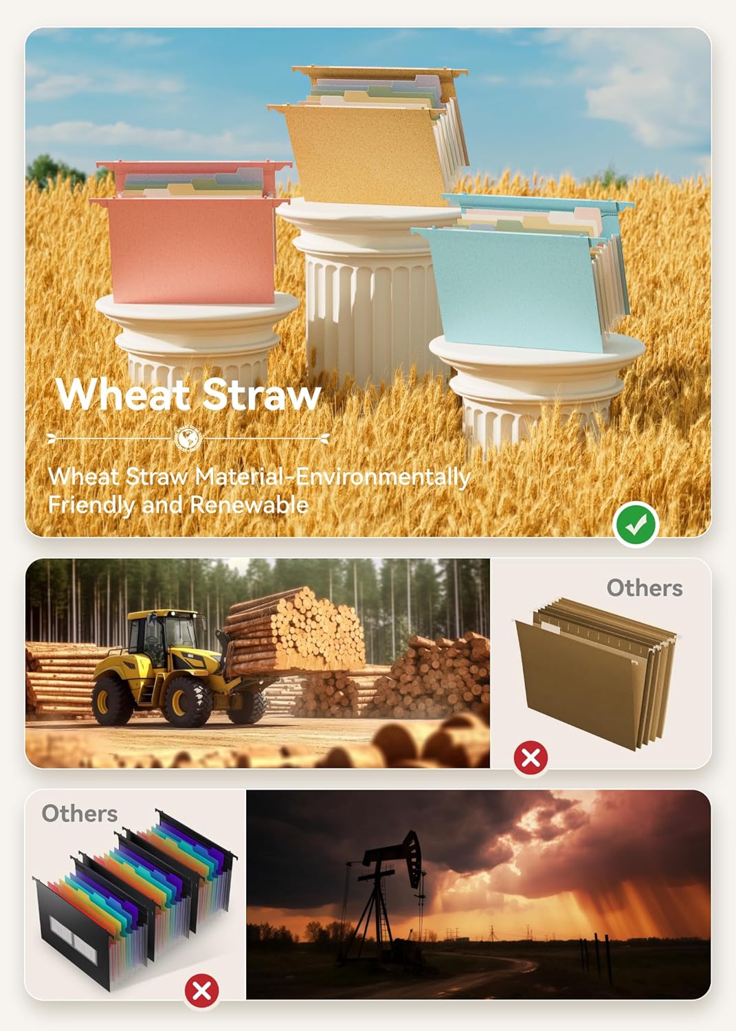 Ecostash Wheat Straw Expanding Hanging File Folders, 3 Color File Organizer, 1.2" Accordian Pockets, Large Capacity, Letter Size for Filing Cabinet, 100% BPA Free, Return to Nature, Healthy Living