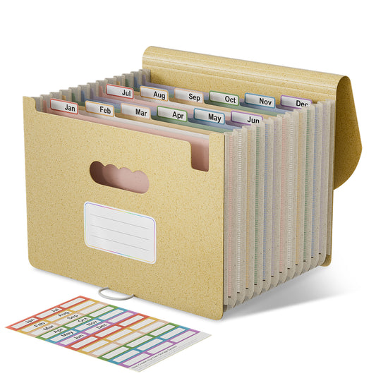 Accordion File Organizer, 12 Pockets Wheat Straw Expanding File Folder, Portable Monthly Paper Bill Tax Receipt Organizer, Letter A4 Size Document Holder，Green Office with Colorful Tab