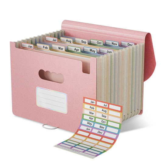 Accordion File Organizer, 12 Pockets Wheat Straw Expanding File Folder, Portable Monthly Paper Bill Tax Receipt Organizer, Letter A4 Size Document Holder，Green Office with Colorful Tab，Strawberry Pink