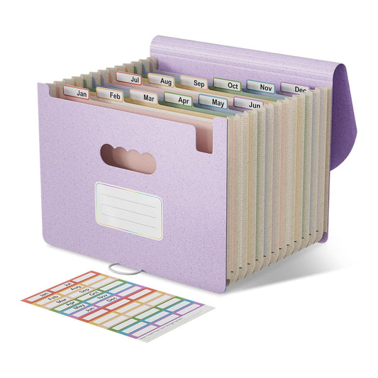 Accordion File Organizer, 12 Pockets Wheat Straw Expanding File Folder, Portable Monthly Paper Bill Tax Receipt Organizer, Letter A4 Size Document Holder，Green Office with Colorful Tab，Lavender Purple