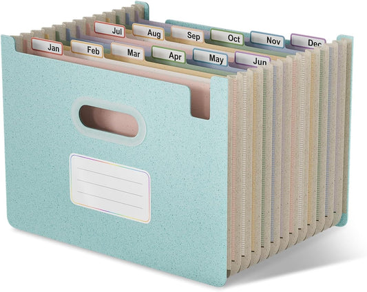 Accordion File Organiser, 12 Pockets A4 Wheat Straw Expanding File Folders, Monthly Filling Document Organiser, BPA Free, Return to Nature, Healthy Living, Sky Blue (Open Top)