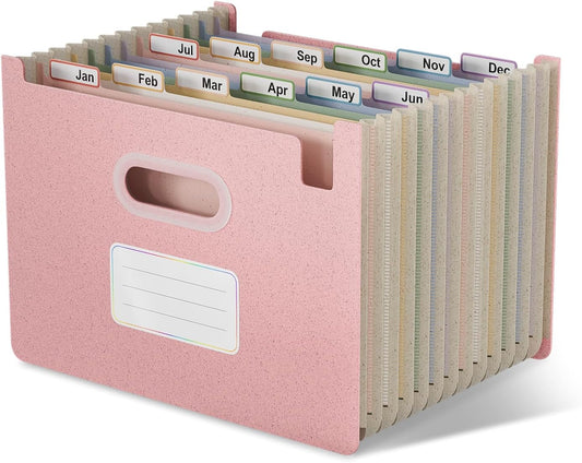 Accordion File Organiser, 12 Pockets A4 Wheat Straw Expanding File Folders, Monthly Filling Document Organiser, BPA Free, Return to Nature, Healthy Living, Strawberry Pink (Open Top)