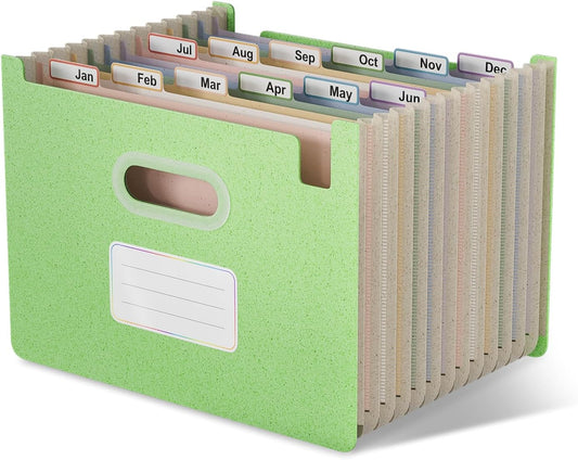 Accordion File Organiser, 12 Pockets A4 Wheat Straw Expanding File Folders, Monthly Filling Document Organiser, BPA Free, Return to Nature, Healthy Living, Mint Green (Open Top)