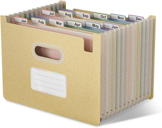Accordion File Organiser, 12 Pockets A4 Wheat Straw Expanding File Folders, Monthly Filling Document Organiser, BPA Free, Return to Nature, Healthy Living, Wheat Yellow (Open Top)