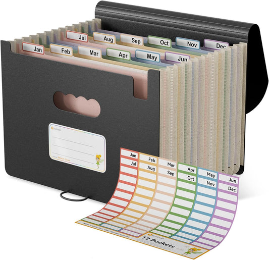 Accordion File Organiser, 12 Pockets Wheat Straw Expanding File Folders, Monthly Filling Document Organiser, BPA Free, Return to Nature, Healthy Living, A4/Letter Size - Natural Black