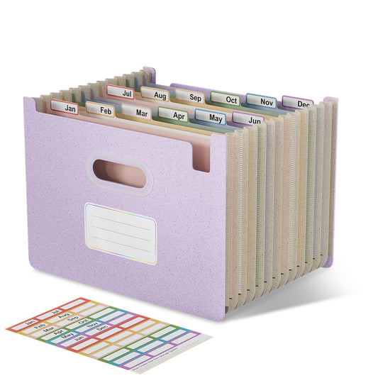 Accordion File Organizer, 12 Pockets Wheat Straw Expanding File Folder, Portable Monthly Paper Bill Tax Receipt Organizer, Letter A4 Size Document Holder，Green Office with Colorful Tab，Lavender Purple