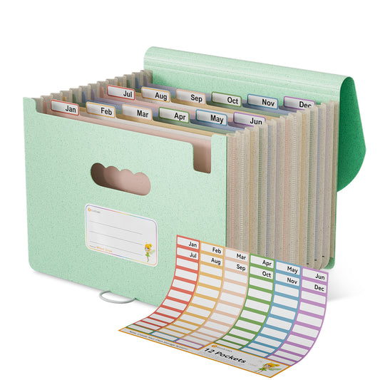 Accordion File Organizer, 12 Pockets Wheat Straw Expanding File Folder, Portable Monthly Paper Bill Tax Receipt Organizer, Letter A4 Size Document Holder，Green Office with Colorful Tab，Mint Green