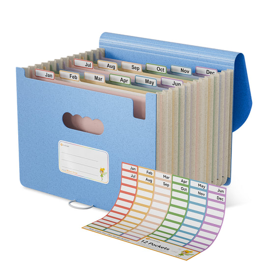 Accordion File Organizer, 12 Pockets Wheat Straw Expanding File Folder, Portable Monthly Paper Bill Tax Receipt Organizer, Letter A4 Size Document Holder，Green Office with Colorful Tab，UN Blue